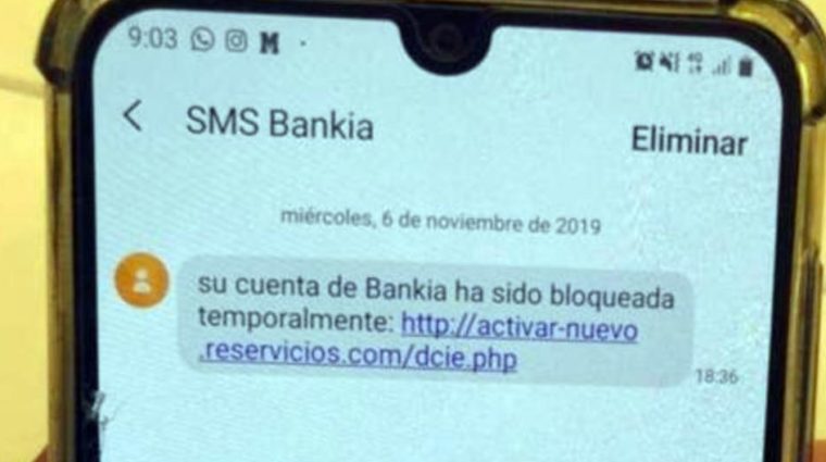 Ejemplo de un SMS falso que intenta suplantar a Bankia